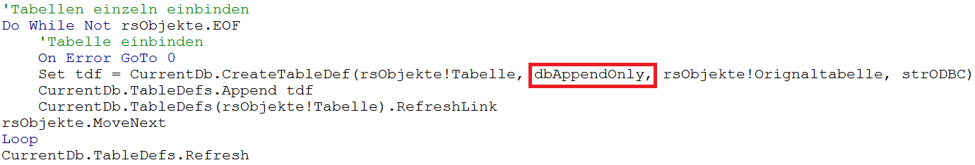 Einbinden der Tabellen ohne Kennwort